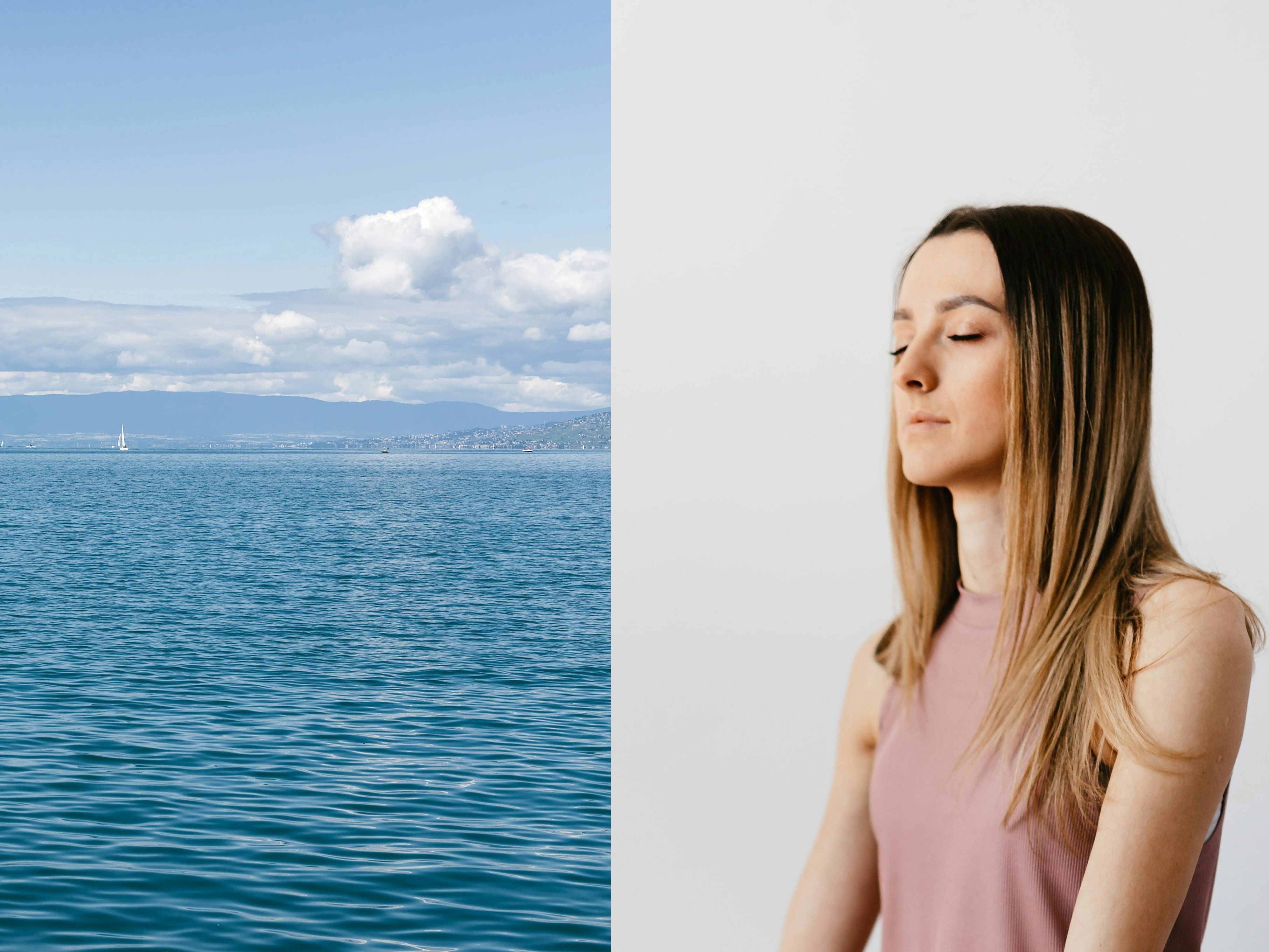 Composition horizontale photo d'un lac et d'une une personne qui médite et se relâche