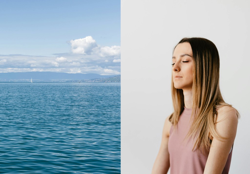 Composition horizontale photo d'un lac et d'une une personne qui médite et se relâche